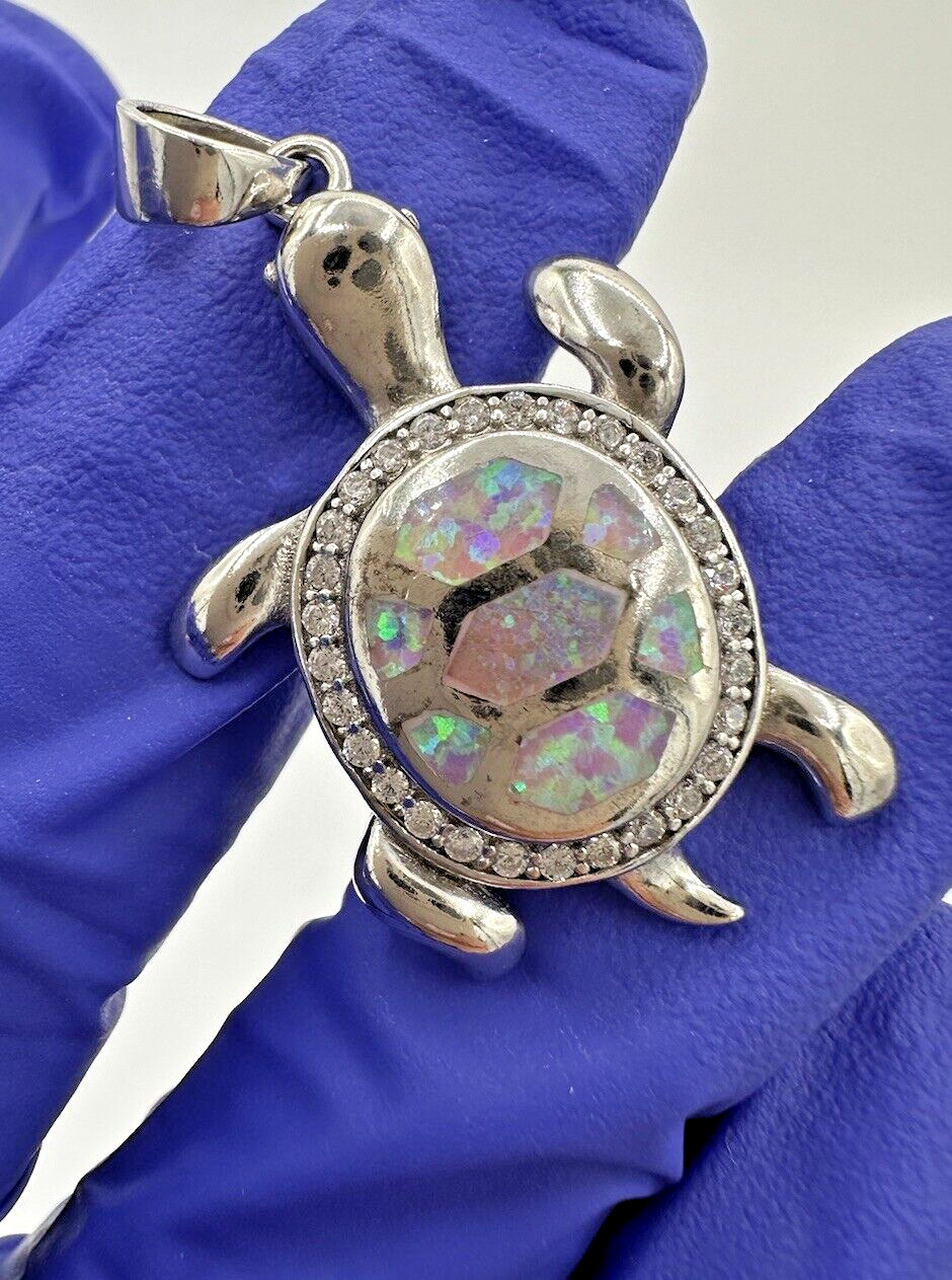 NEW Sterling Silver 925 Female Multicolor Opal Cute Sea Turtle Pendant 1.4”