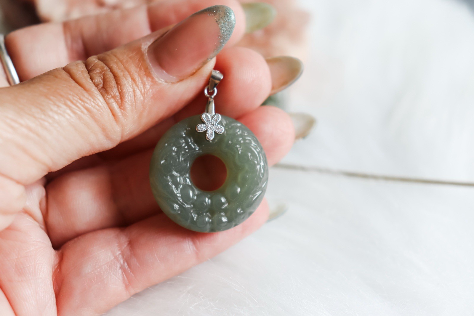 Hetian jade donut Pendant Double pixiu carving S925 Sterling Silver Zircon Clasp