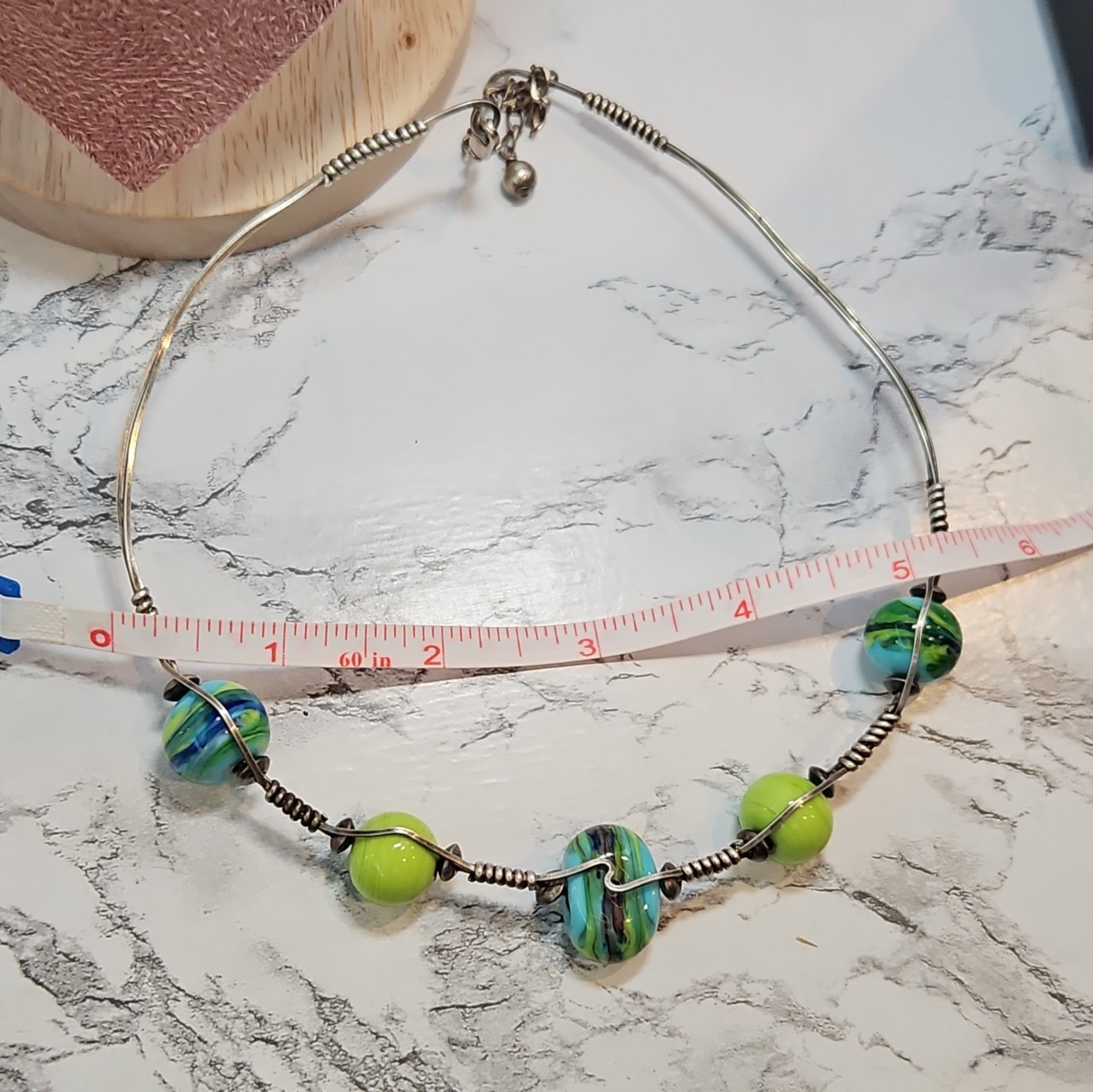 Sterling Silver 925 Beaded Choker Necklace Green Blue Glass Beads Artist Wrapped