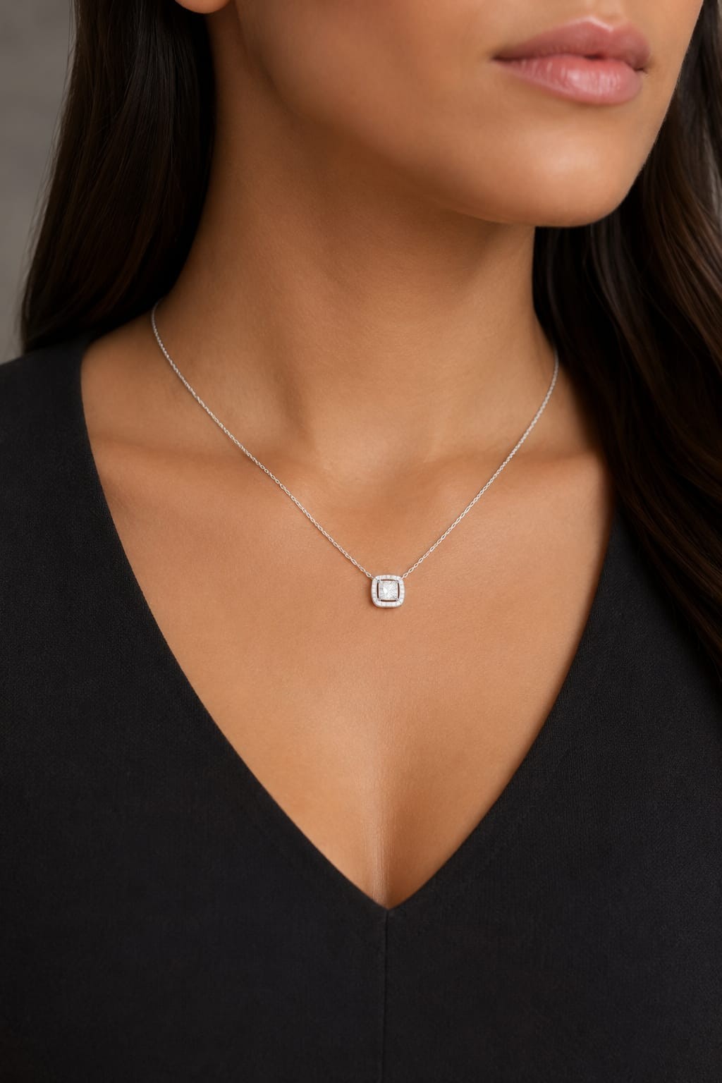 Silver Rhodium 925 Square Halo Moissanite Necklace