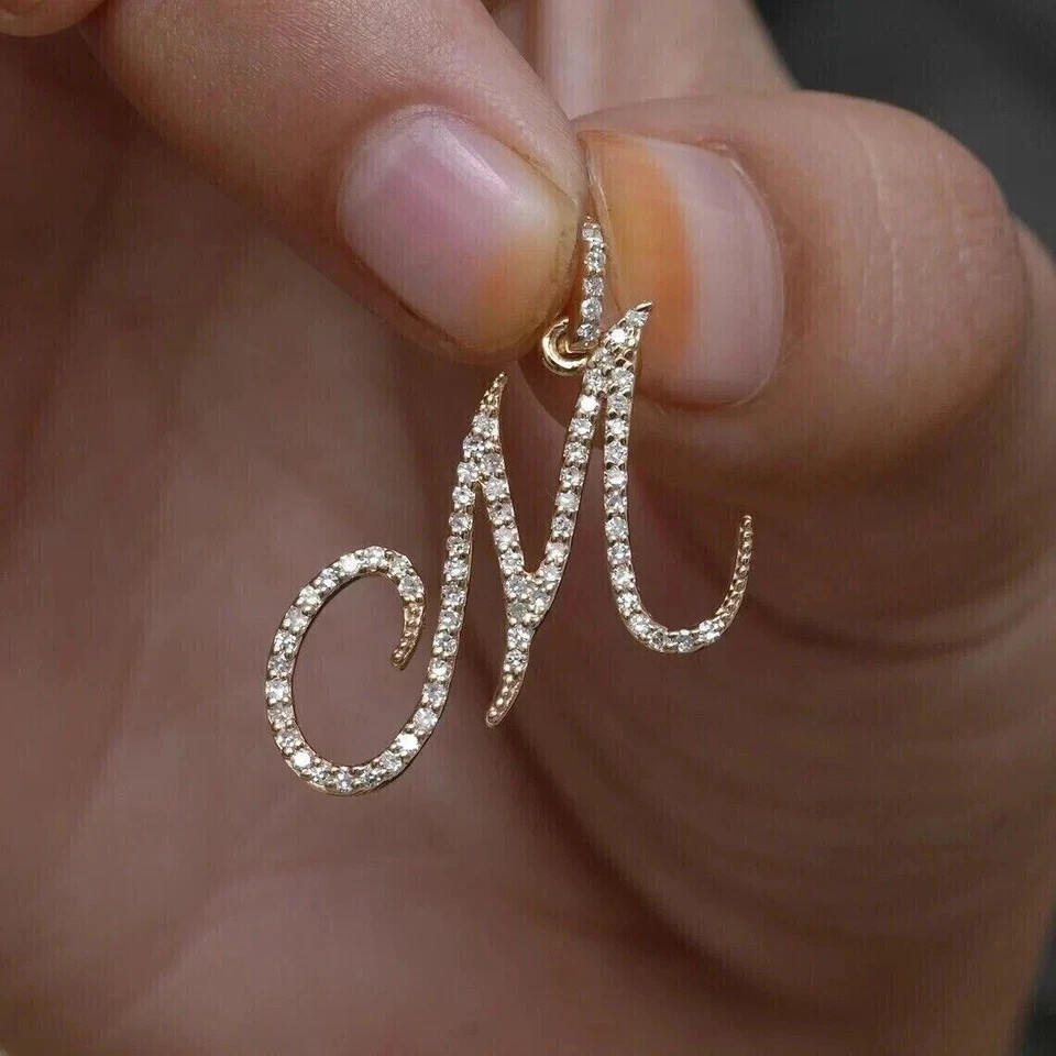 1Ct Round Cut REAL Moissanite Initial “D” Letter Pendant 14K Yellow Gold Plated