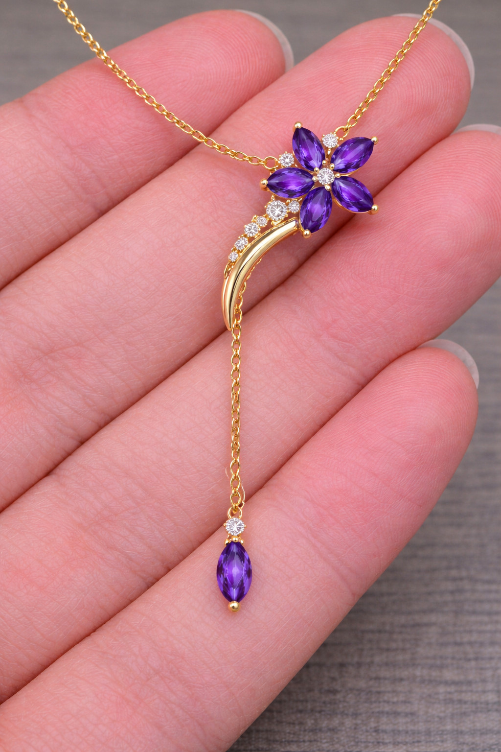 3Ct Lab-Created Amethyst Side Flower Lariat Necklace 14K Yellow Gold Plated
