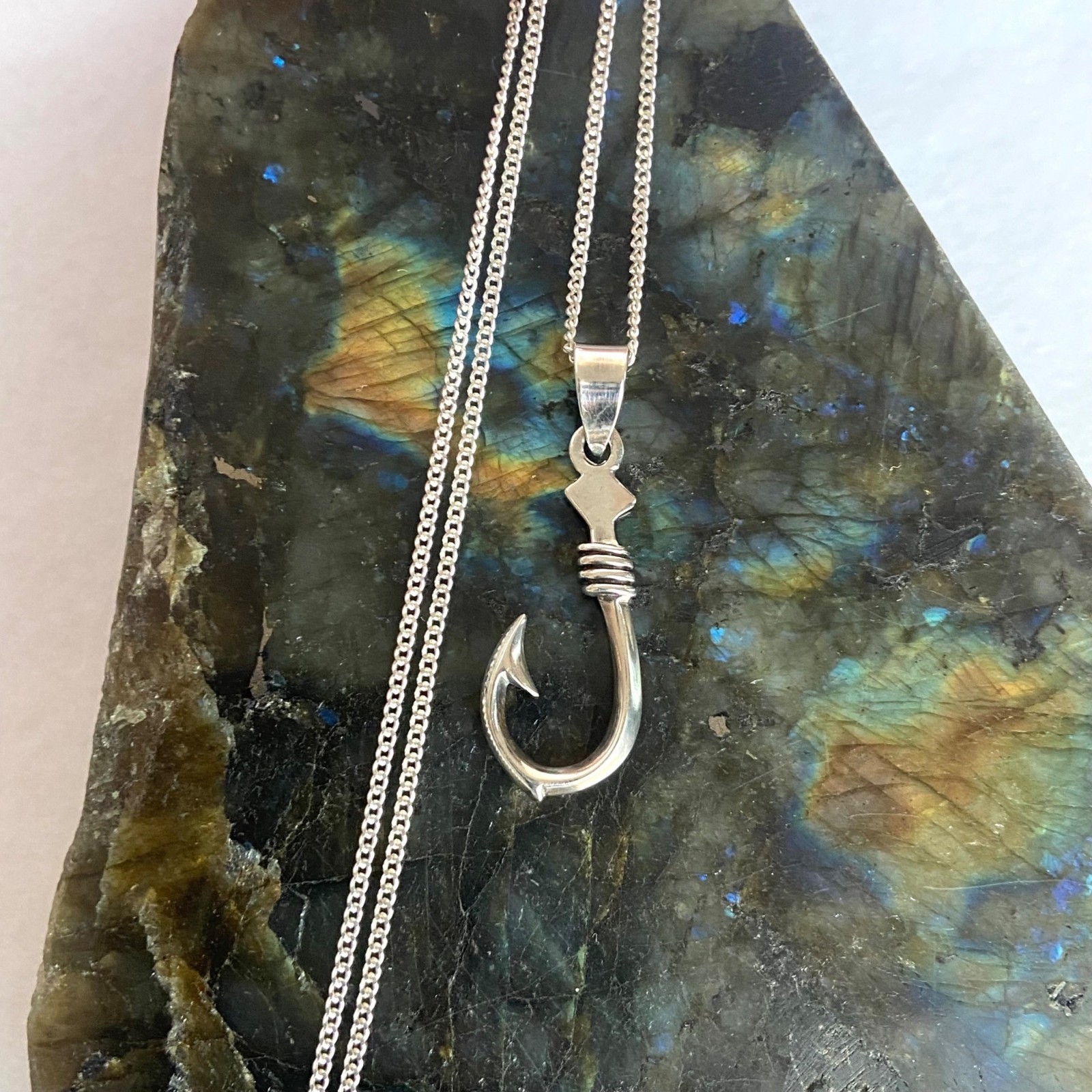 Unisex Sterling Silver 925 Fish Hook Fisherman Pendant Necklace 20″ Curb Chain
