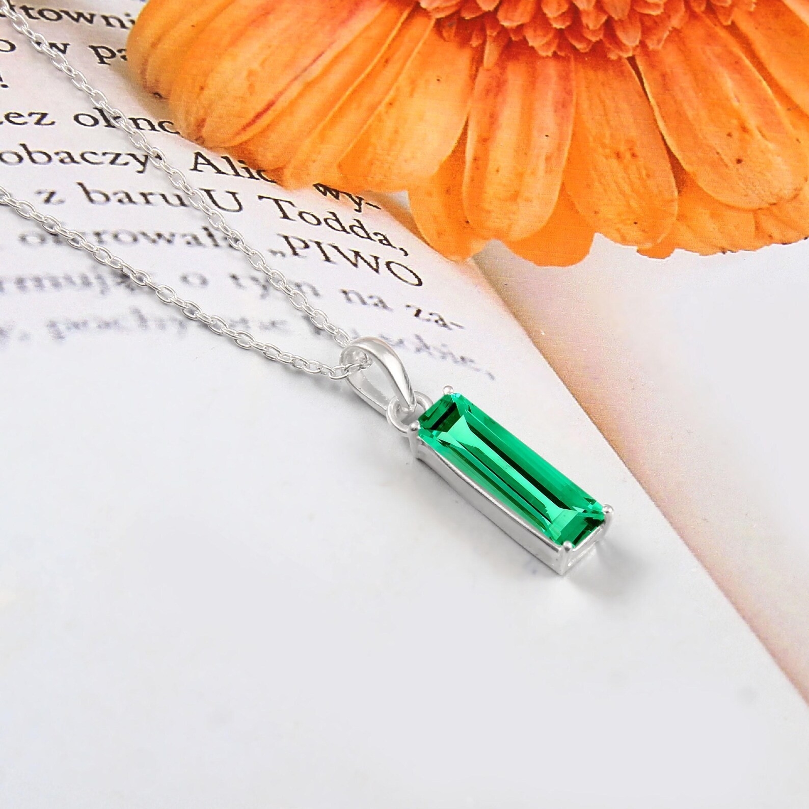 Emerald Baguette Cut Pendant Sterling Silver Necklace For man Women