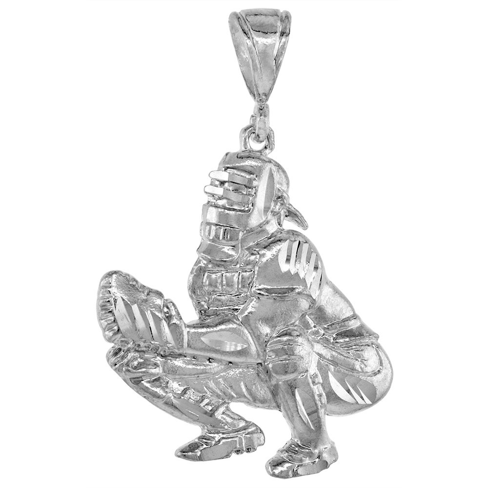925 Sterling Silver Baseball Catcher Pendant Diamond Cut 1 1/2 (38mm) Inch Tall