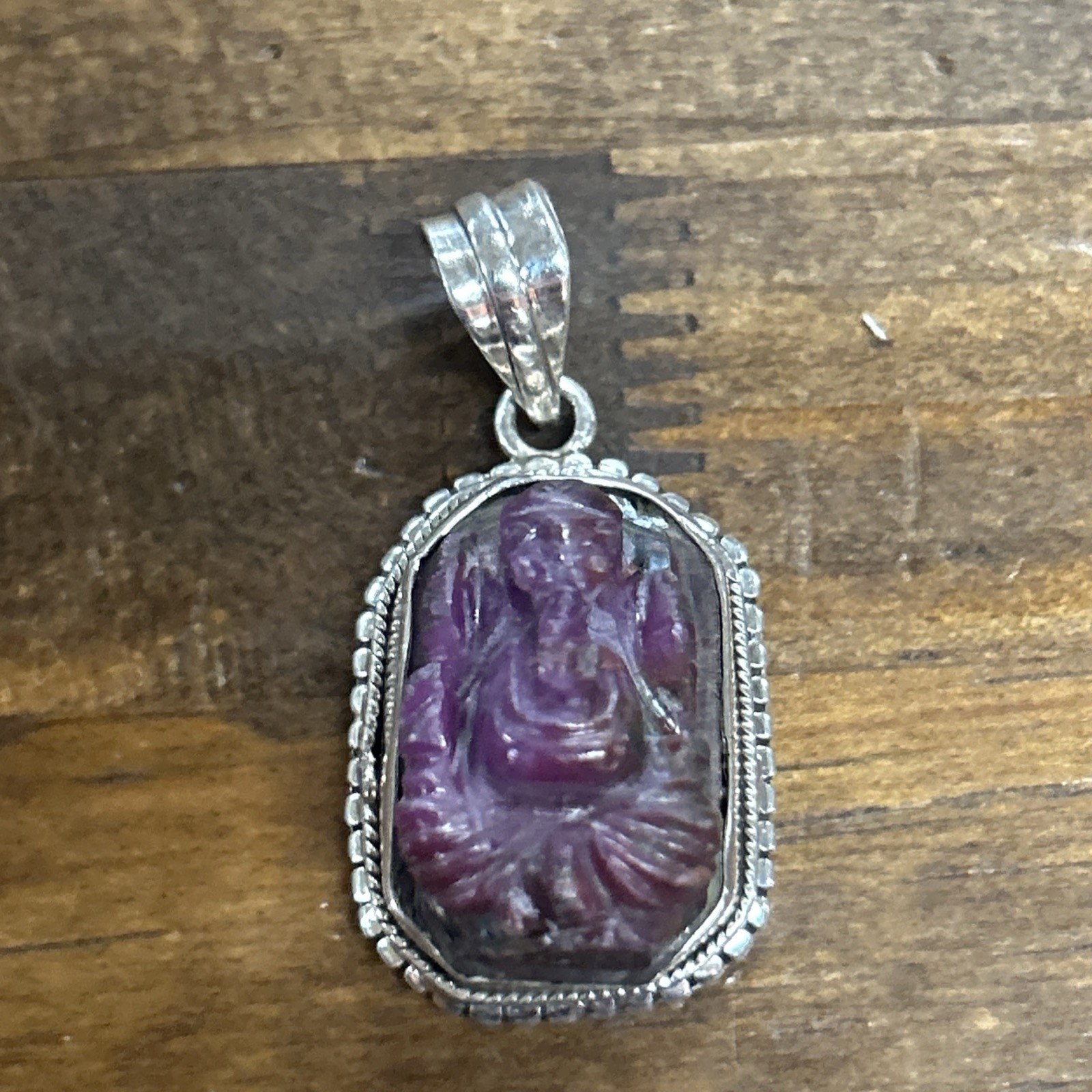 Sterling Silver Hand Carved Lord Ganesh Ruby Elephant Pendant 16.49 Grams