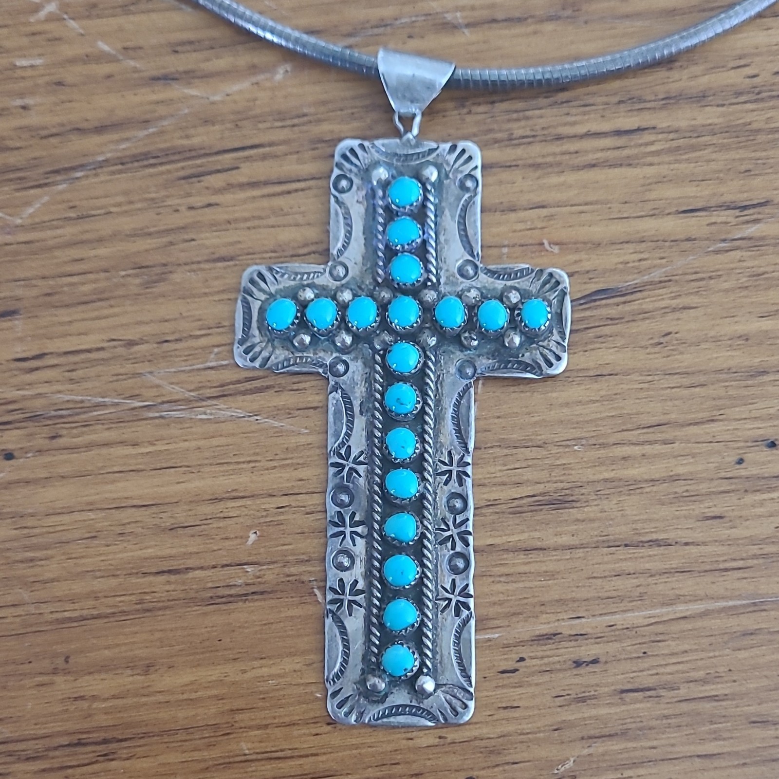 Vtg 925 Sterling Silver ZuniTurquoise Cross Pendant Necklace Snake Chain Lobster