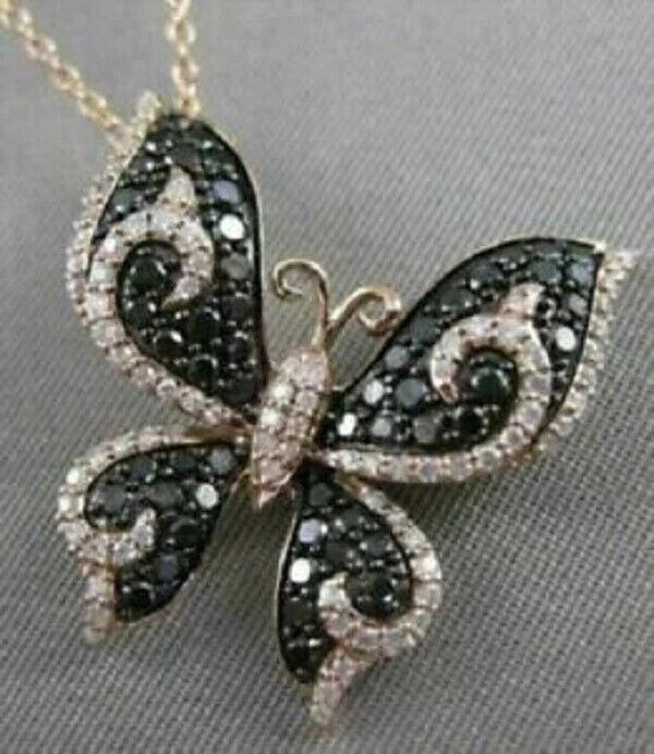 2Ct Round Cut Black Diamond Butterfly Pendant 14K Yellow Gold Finish Free Chain