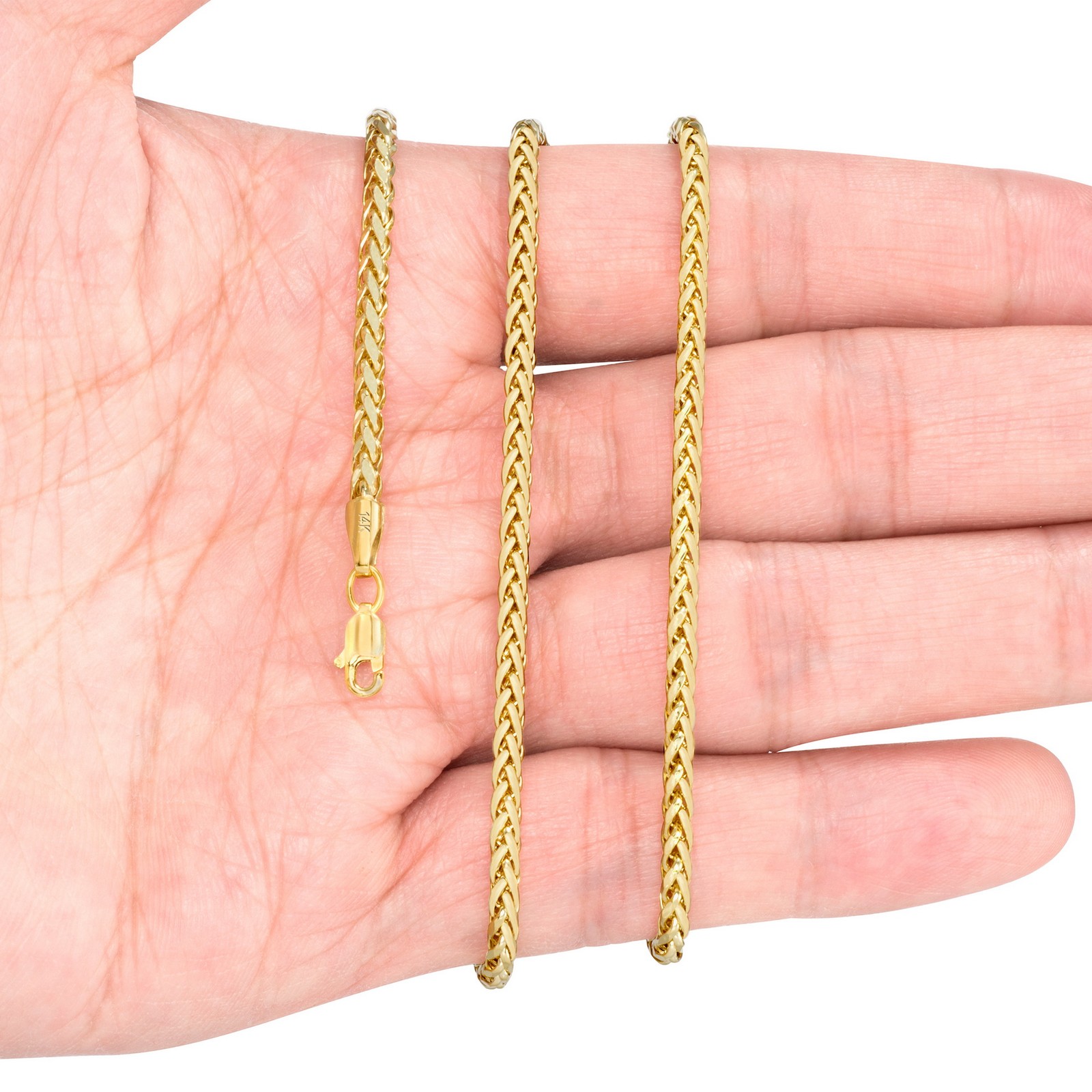 14K Yellow Gold 2.5mm-5mm Round Wheat Palm Franco Spiga Chain Necklace 16″- 30″