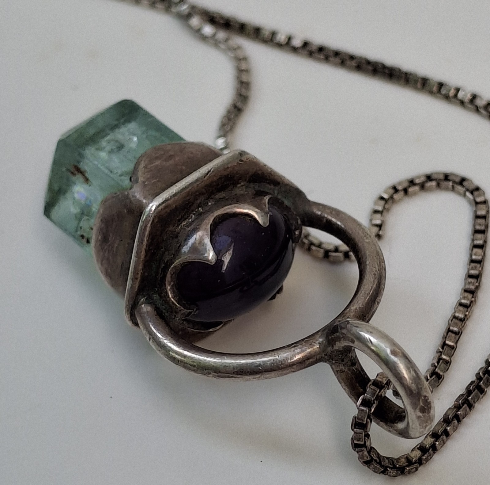 Vintage Sterling Silver Raw Aquamarine Point Amethyst Pendant Necklace 19 inch