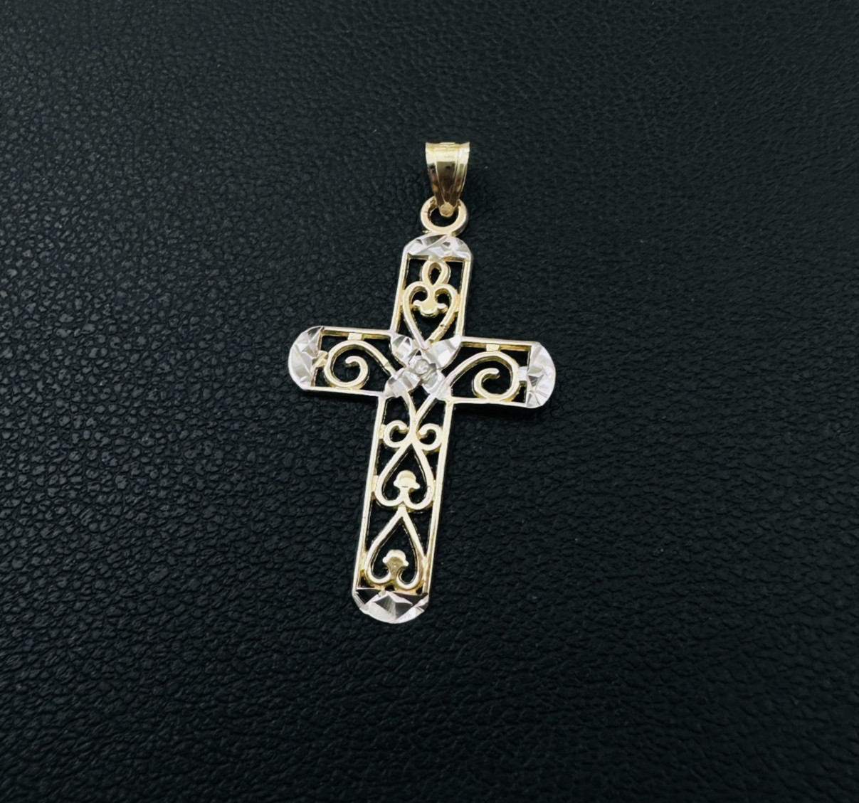 Solid 10K Multi-Tone Gold Filigree Cross Pendant w/White Sapphire Accent, 1.15″