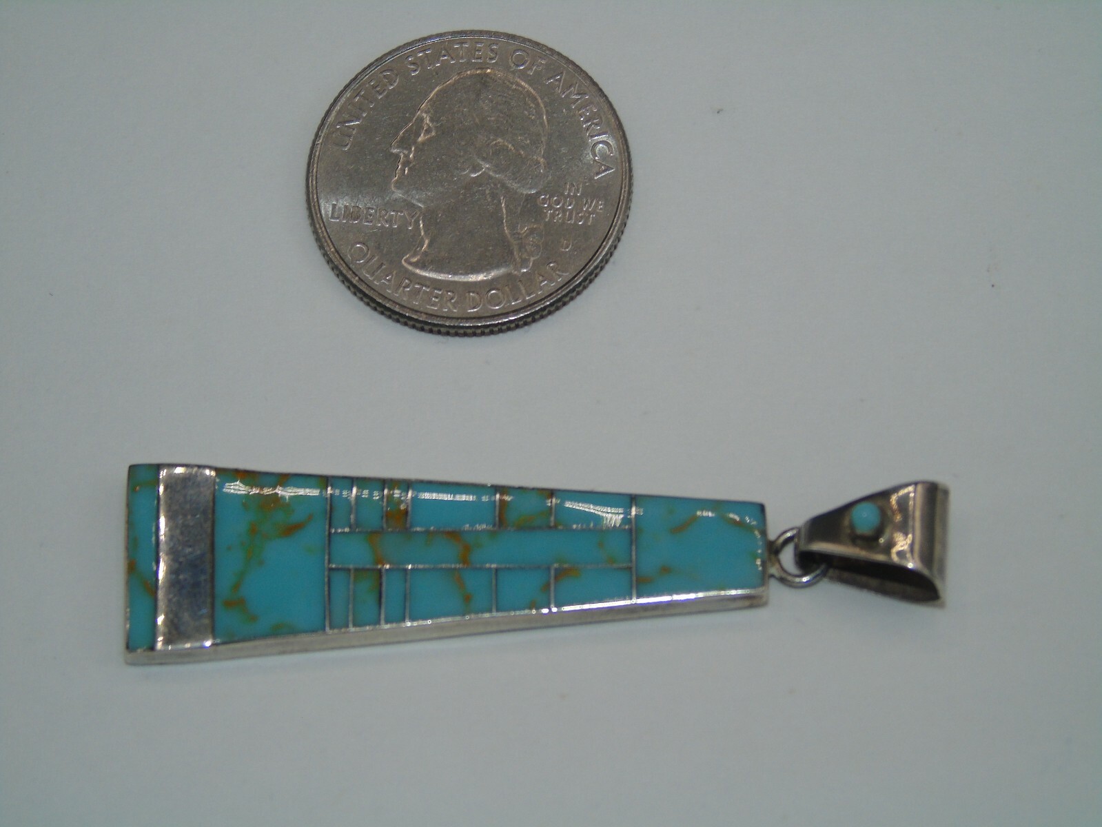 STERLING SILVER & TURQUOISE INLAY PENDANT IN PRE-OWNED VERY GOOD SHAPE