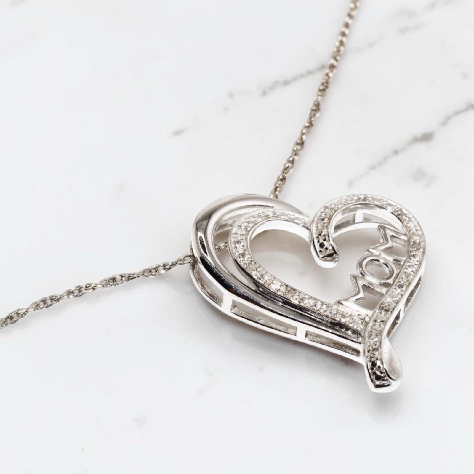 Sterling Silver Natural Diamond MOM Open Heart Slide Necklace 18in 0.07ctw NWT
