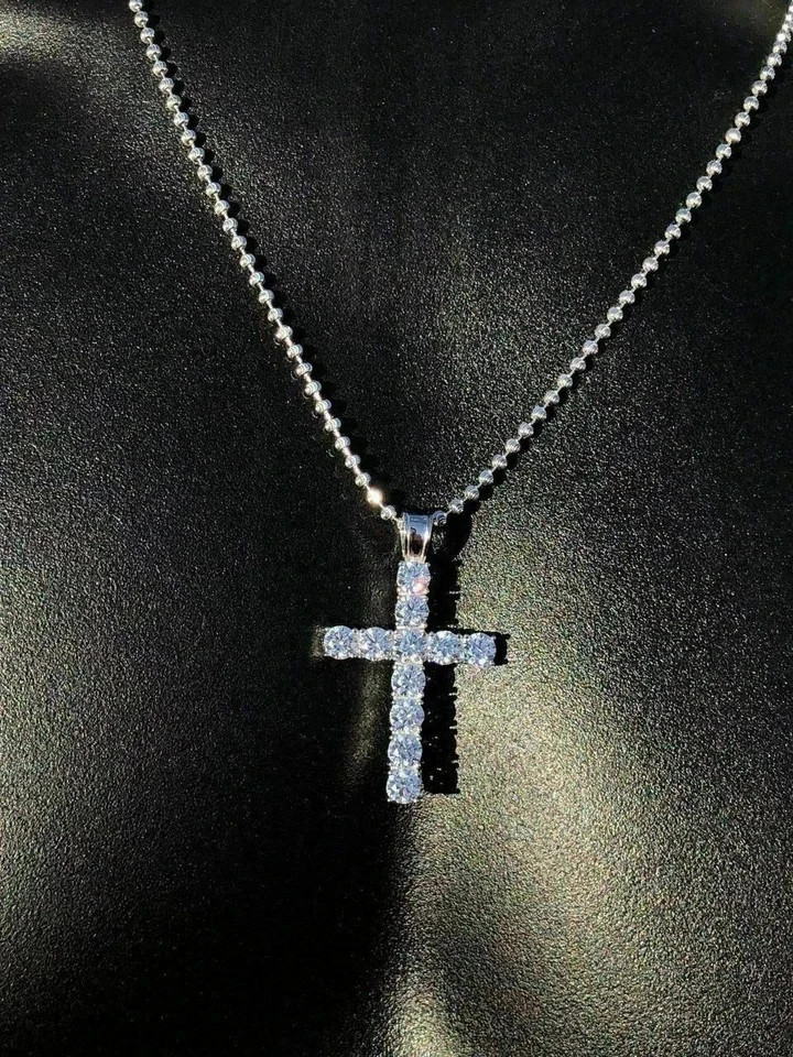 1Ct Round Cut Lab-Created Diamond Cross Necklace Pendant 14K White Gold Plated