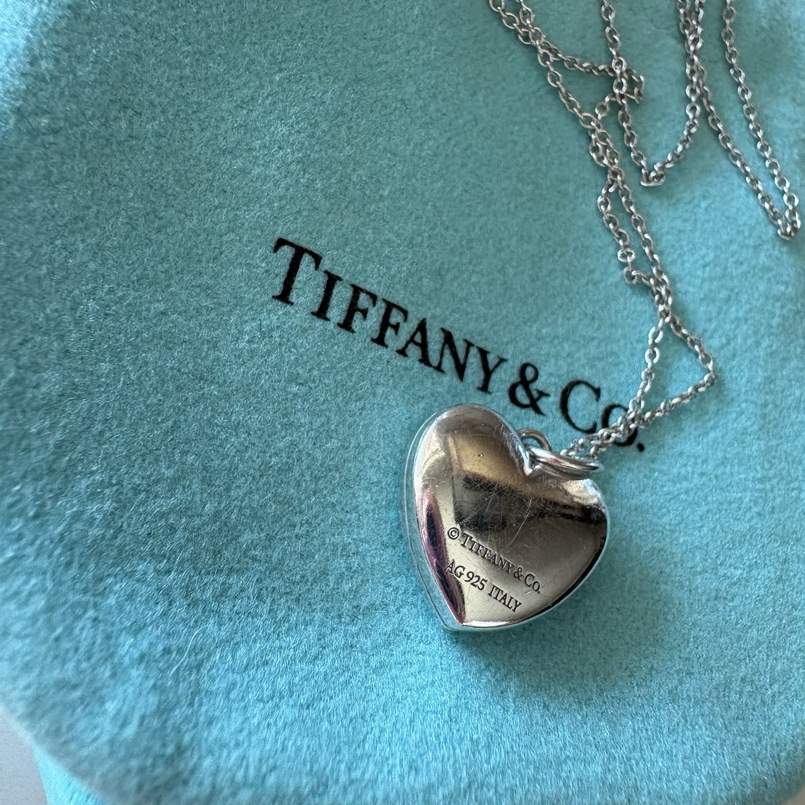 Tiffany & Co. Sterling Silver I Love You Heart Locket Pendant w/18” Chain