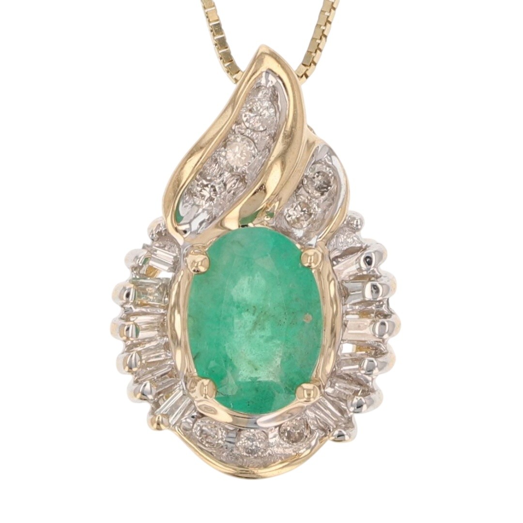 .75ctw Emerald & Diamond Halo Teardrop Pendant 18″ Necklace 14k Multi-Tone Gold