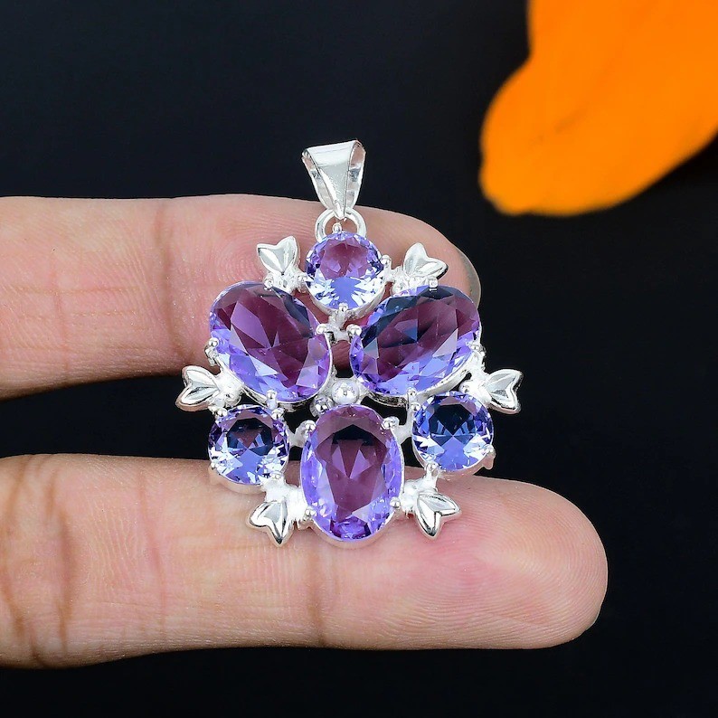 Alexandrite Floral Gemstone Pendant 925 Sterling Silver Handmade Jewelry