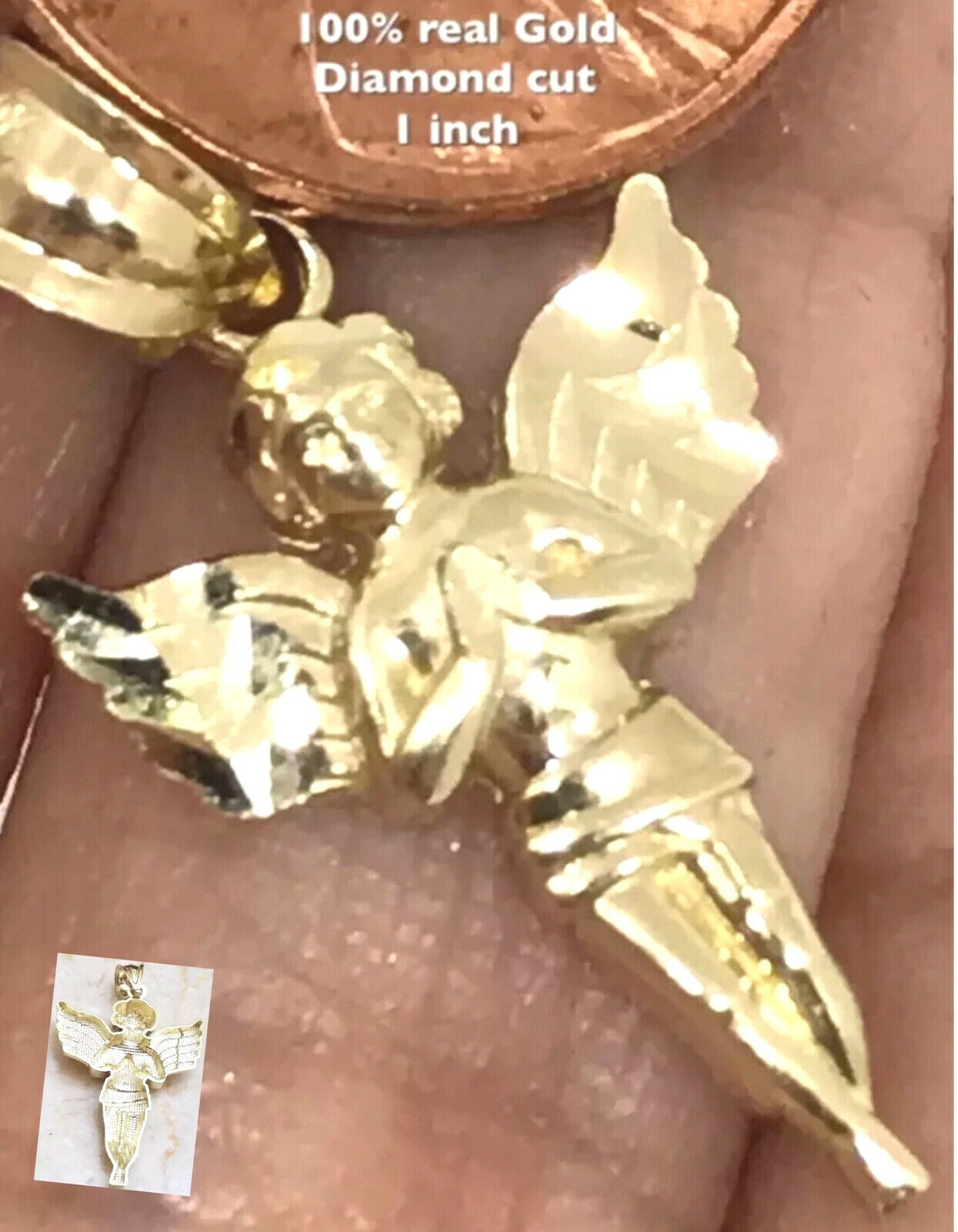 GOLd Angel pendant 10k Solid charm Necklace Baby Pray Small dainty Gift 1″