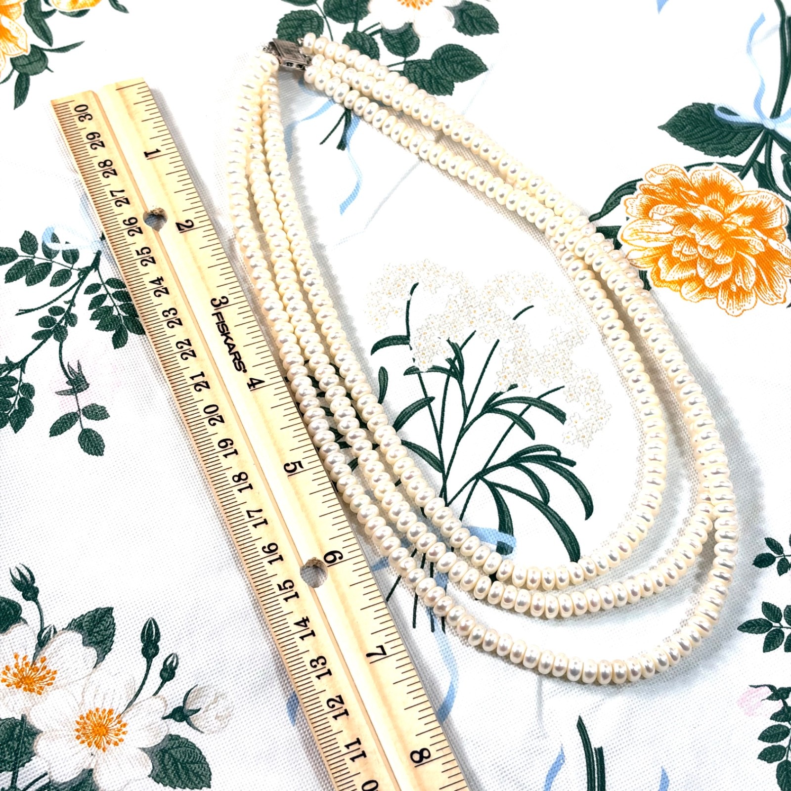 Vintage 925 Sterling Silver Multi Strand Genuine Pearl Necklace With Box Clasp