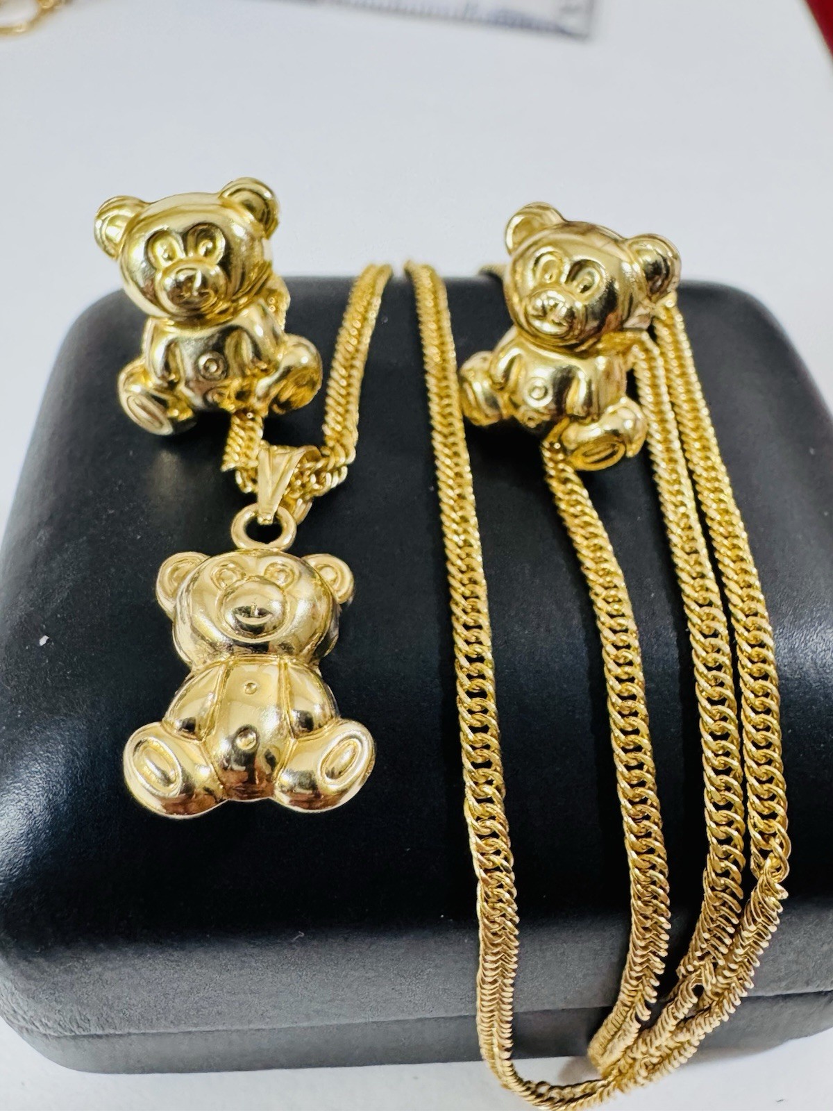 18K 750 Gold Bear Set Earring & Necklace 15.6”/16” Long 6.5g 2.2g