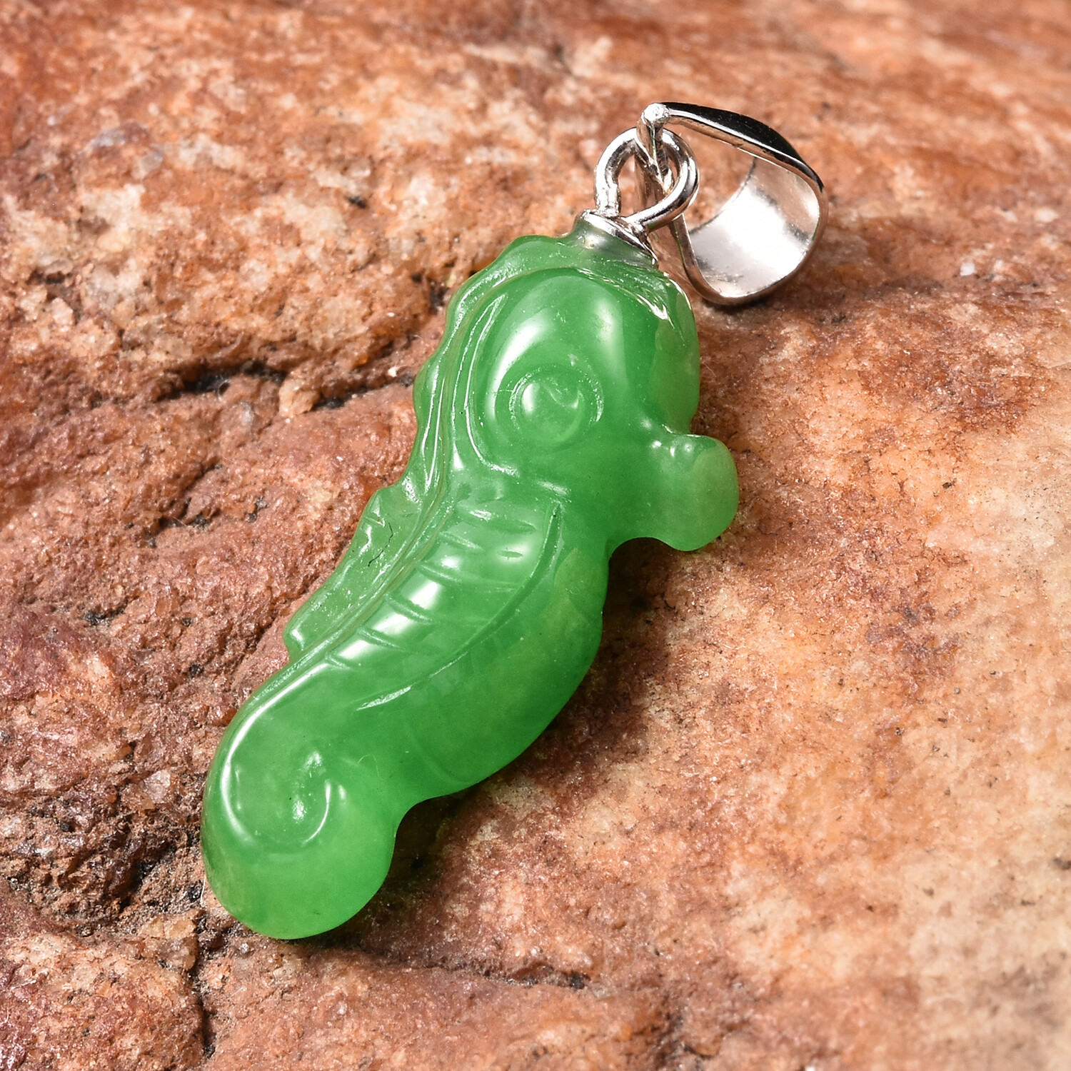 7.00ctw Green Jade Carved Sea Horse Pendant in Sterling Silver