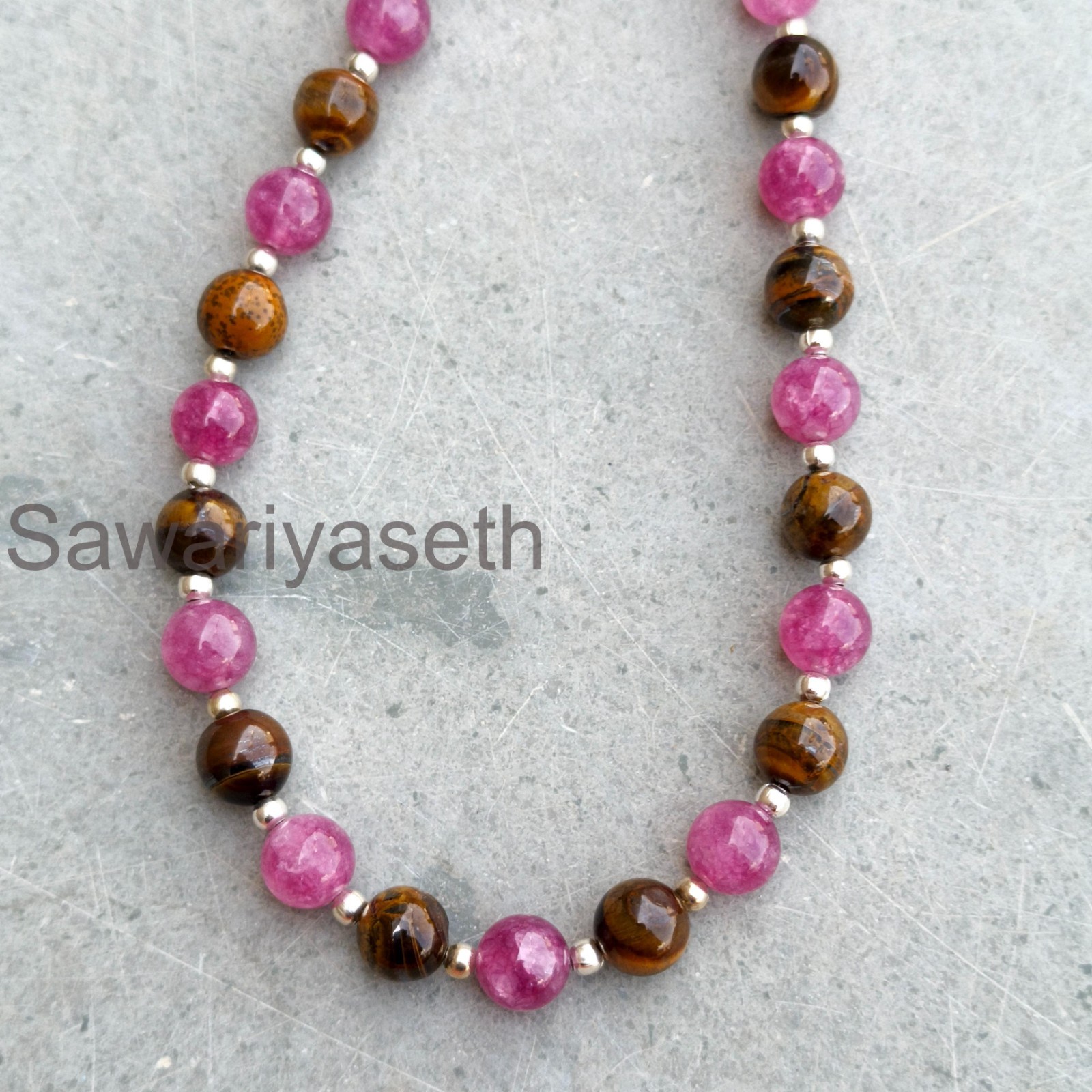 Tiger’s Eye Tourmaline 8mm Round Gemstone Necklace, Boho Sterling Silver Clasp