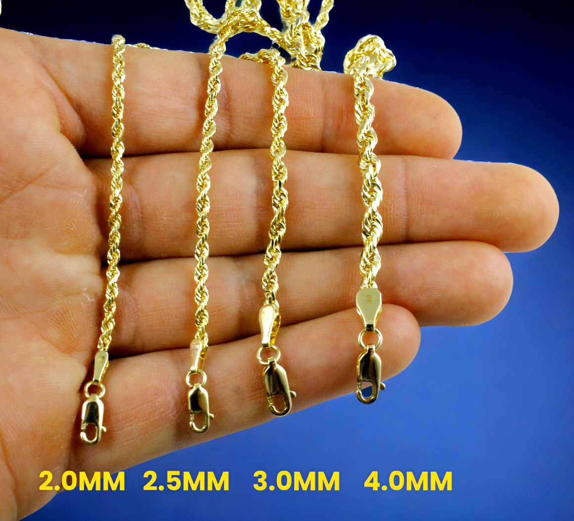 10K Yellow Gold 2mm-10mm Rope Chain Necklace Diamond Cut All Sizes Real