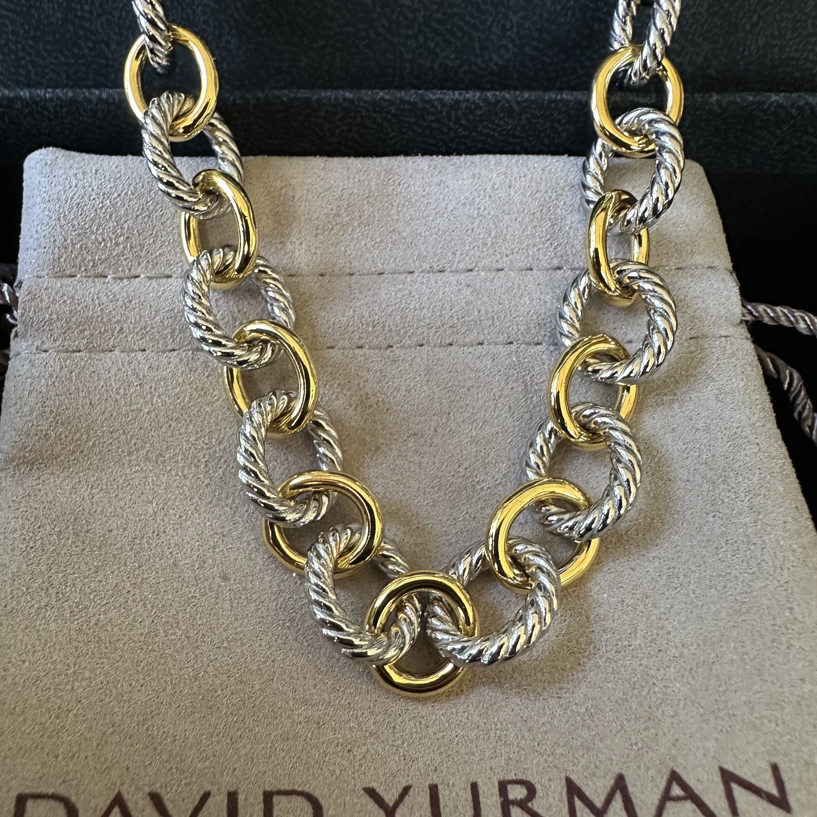 David Yurman Sterling Silver 18K Gold Two Tone Twisted Cable Oval Link Necklace