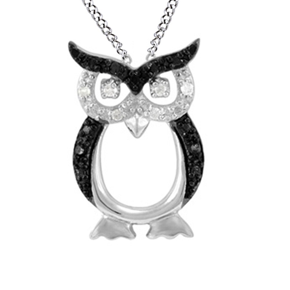 1/10Ct Black & White Natural Diamond Owl Pendant in 14K Gold Plated Silver