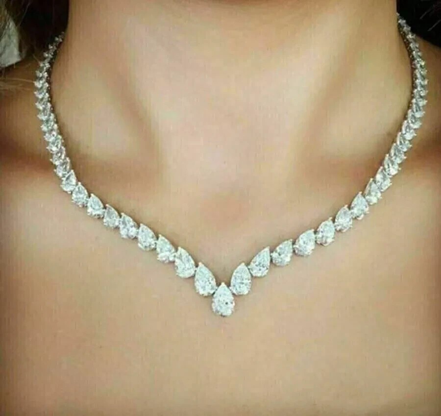 7 Ct Pear Cut Lab Created Diamond Women’s Tennis Necklace 14K White Gold Plated
