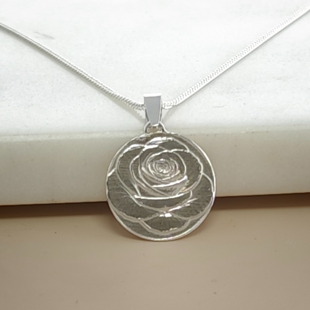 Sterling Silver Rose Necklace June Birth flower Engraved Gift Handmade Boxed