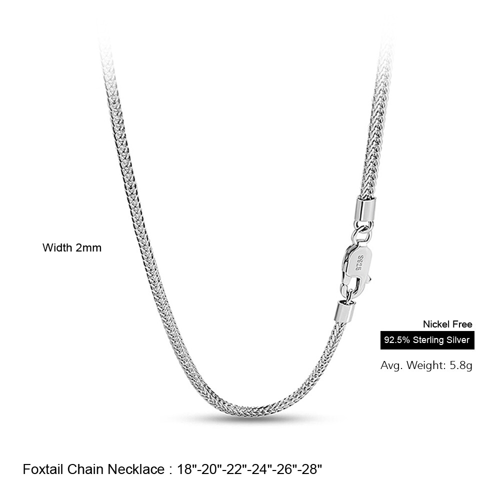 Solid 925 Sterling Silver 2mm Foxtail Chain Necklace 18″ to 28″ for Women & Men