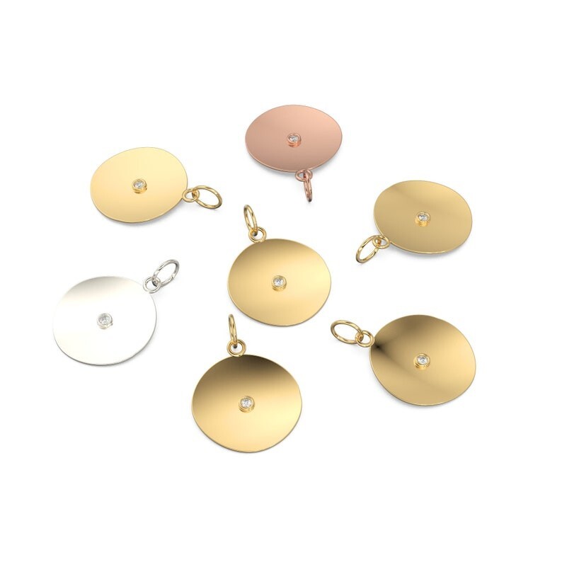 Round Disc Charm 14k 18k Gold Round Solitaire Bezel Set Diamond 21mm Pendant
