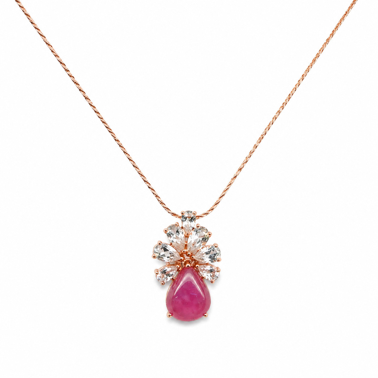 925 Sterling Silver 9 x 11 mm. Pink Ruby White Topaz Necklace 18.0 In.