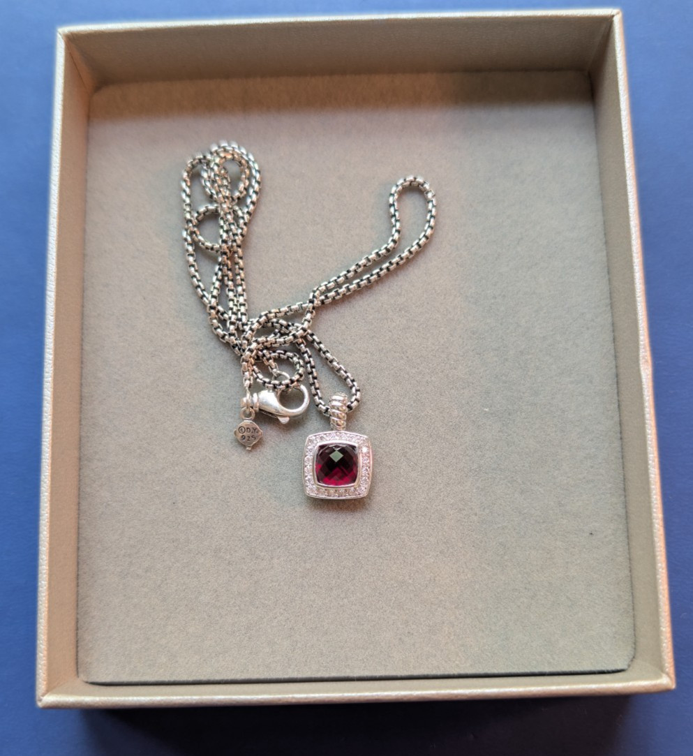 David Yurman Garnet & Diamonds Petite Albion Pendant Necklace Sterling Silver