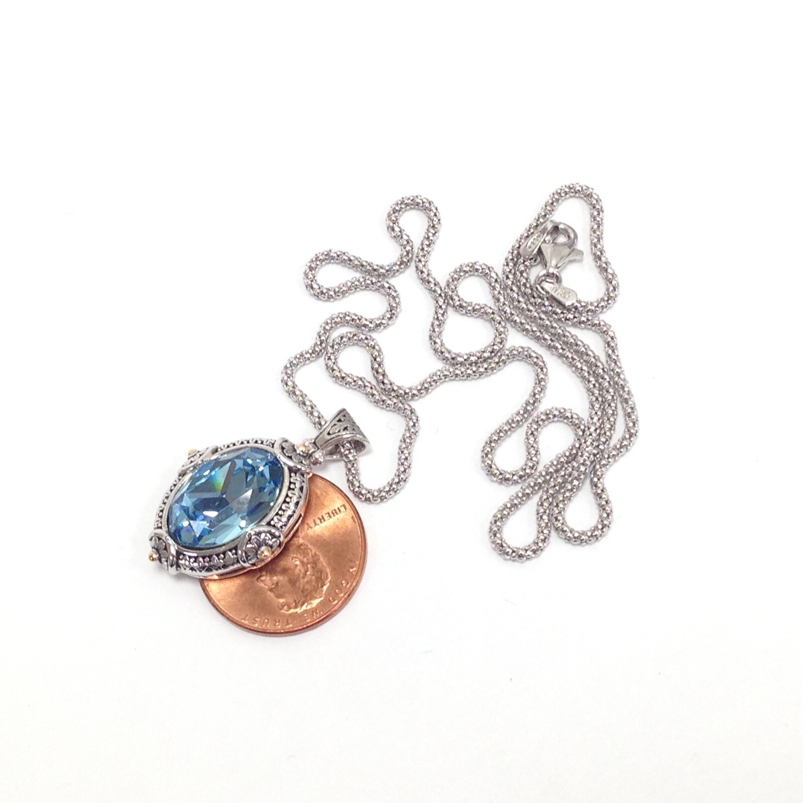 FD 925 Sterling Silver Blue Crystal Pendant Popcorn Chain Necklace 17.5″ Jewelry