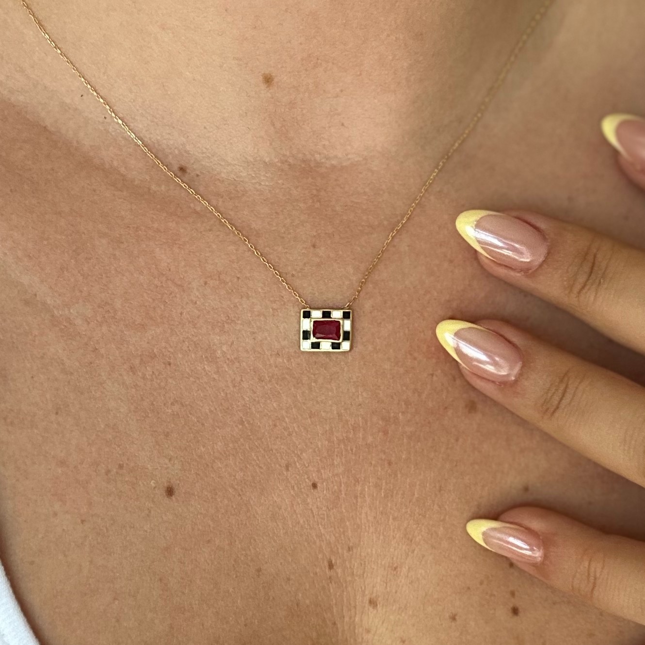14k Gold Lab-Created Ruby Checkerboard Necklace Black White Enamel Pendant Women