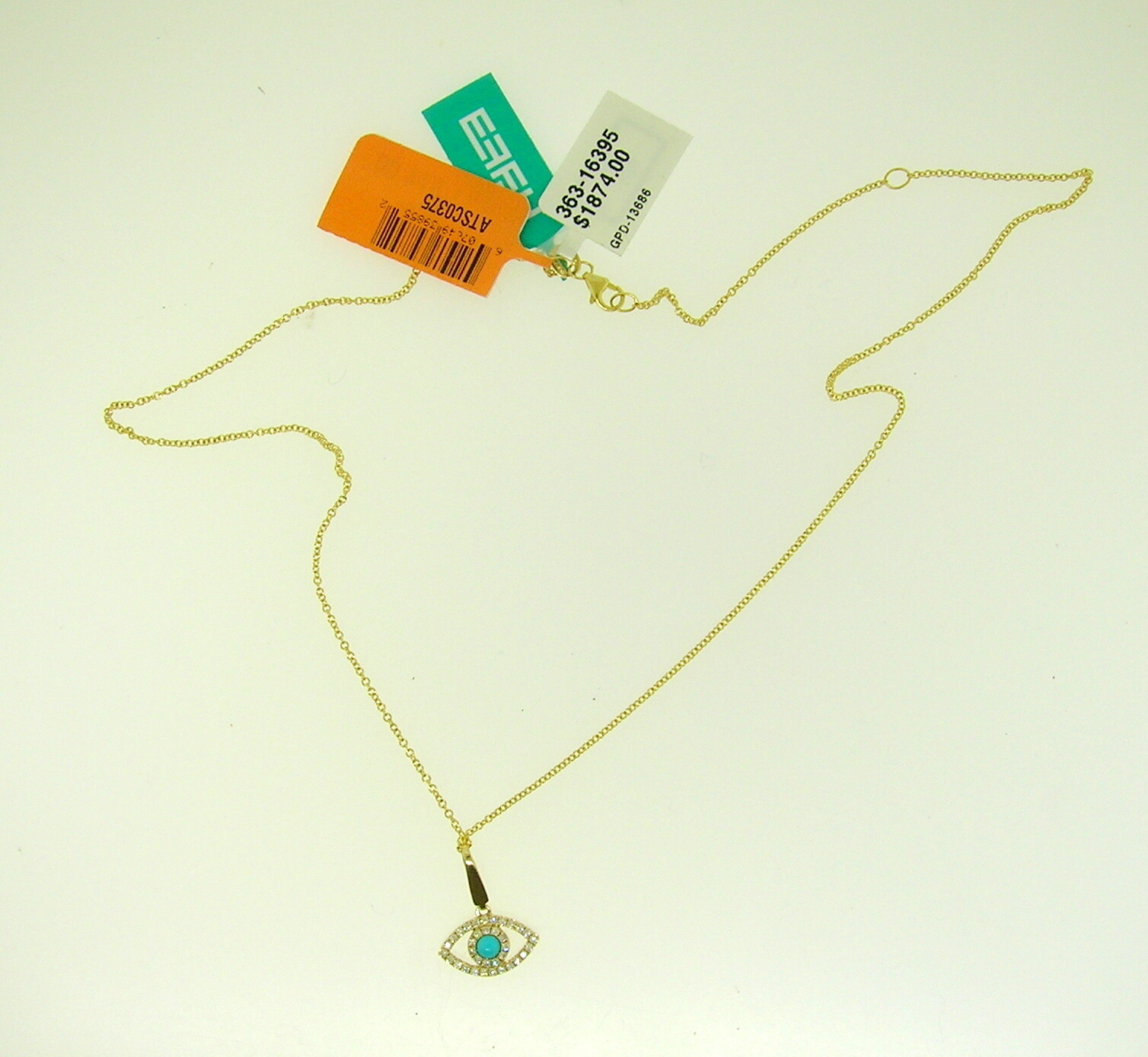 EFFY 14K GOLD CHAIN NECKLACE TURQUOISE EVIL EYE PENDANT 0.17 CTW DIAMONDS – NEW!