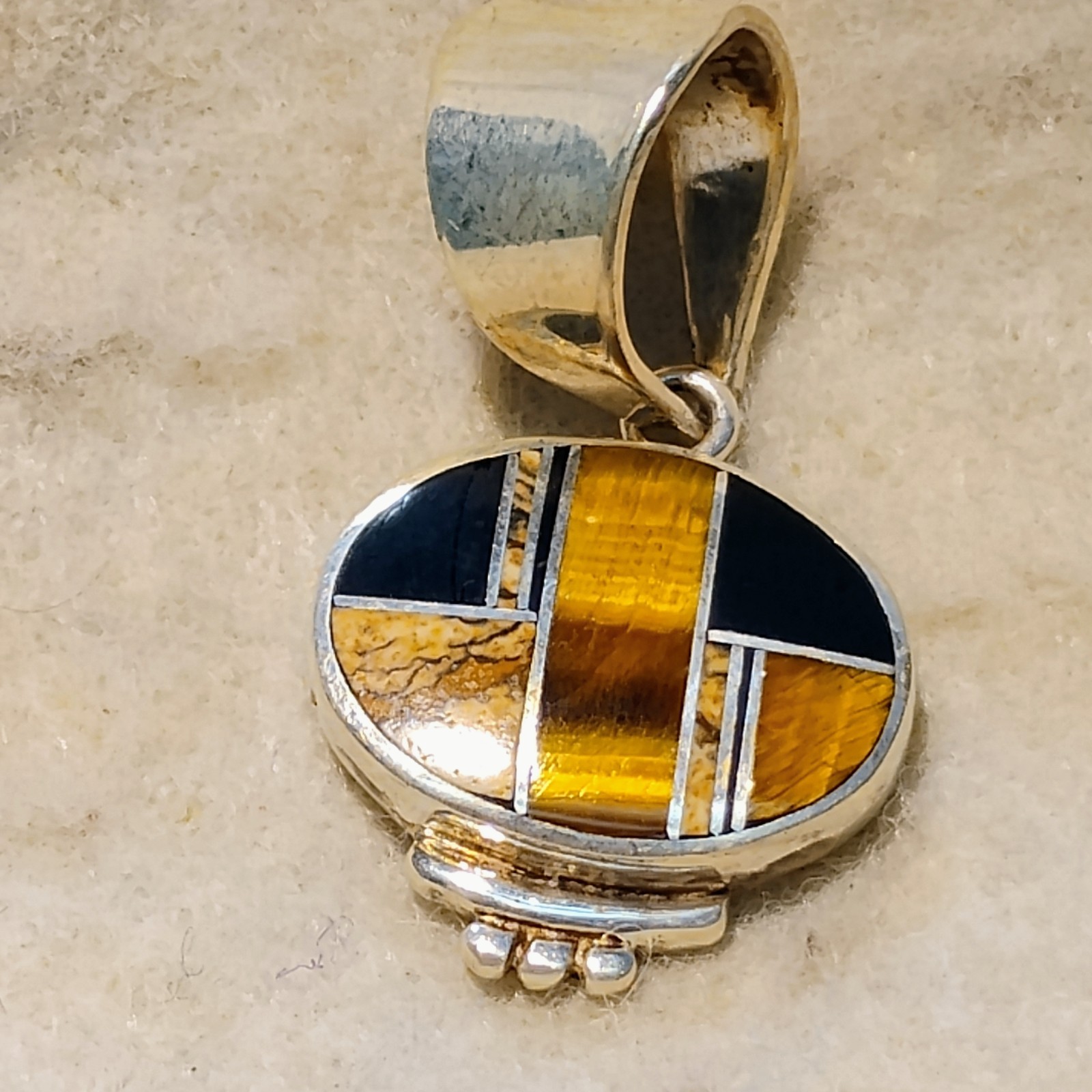 BARNEY – NAVAJO ~ TIGER’S EYE, BLACK ONYX & JASPER STERLING SILVER PENDANT (j)
