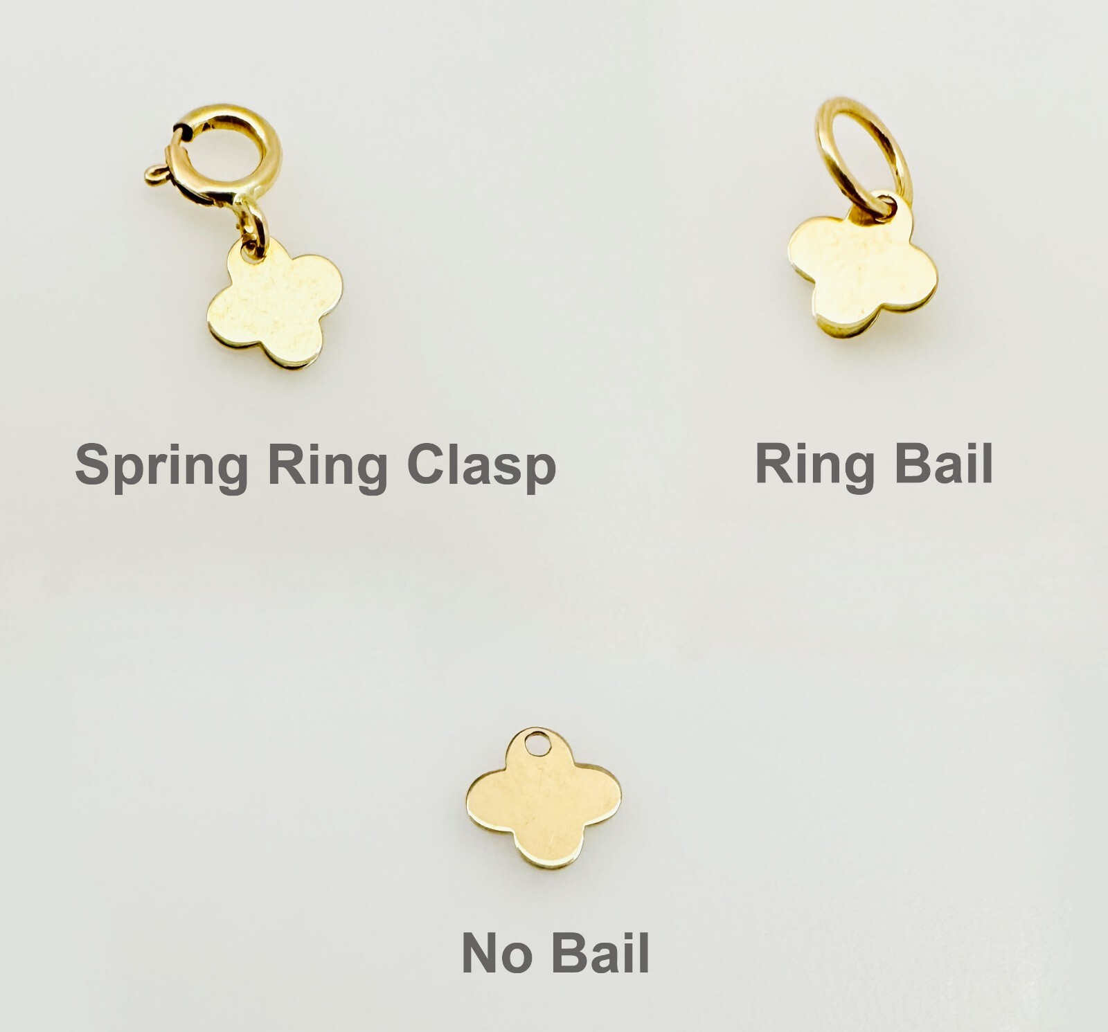 14K Solid Yellow Gold Tiny Clover Charm Pendant: No Bail, w/Bail, w/Spring Clasp