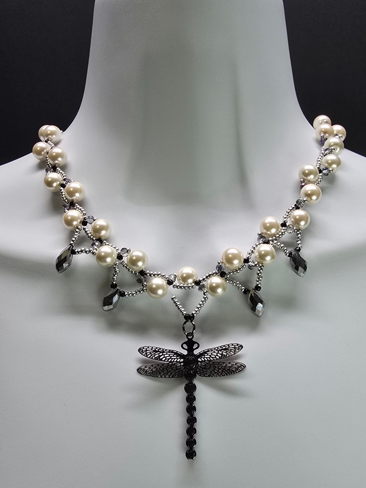 Handcrafted .925 Sterling Silver Glass Pearl Monochrome Dragonfly Pendant Unique