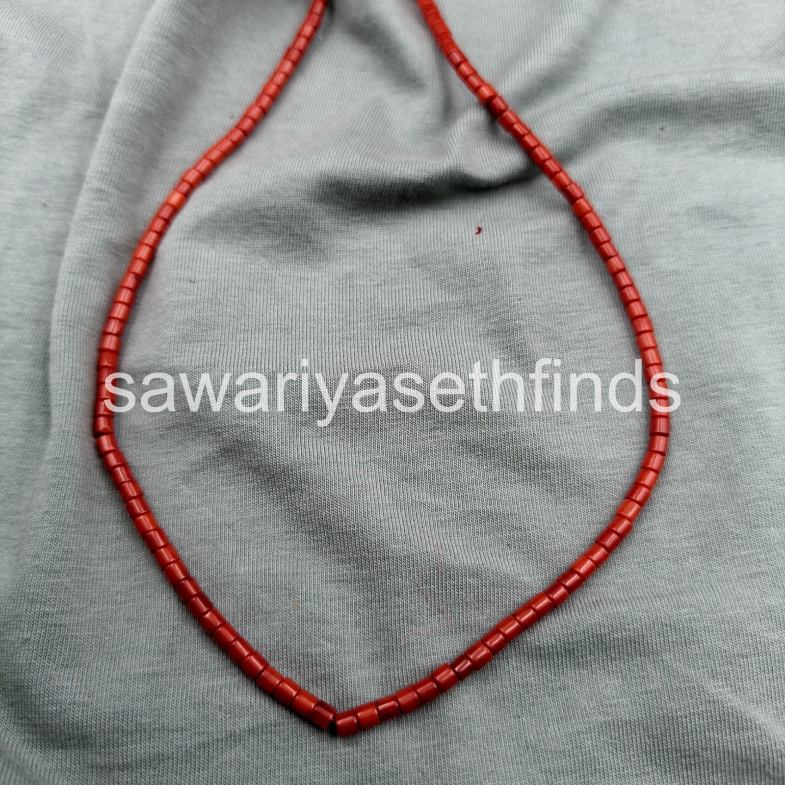 Red Coral 3mm Tube Beaded Necklace, Sterling Silver Clasp, Handmade Gemstone Jew