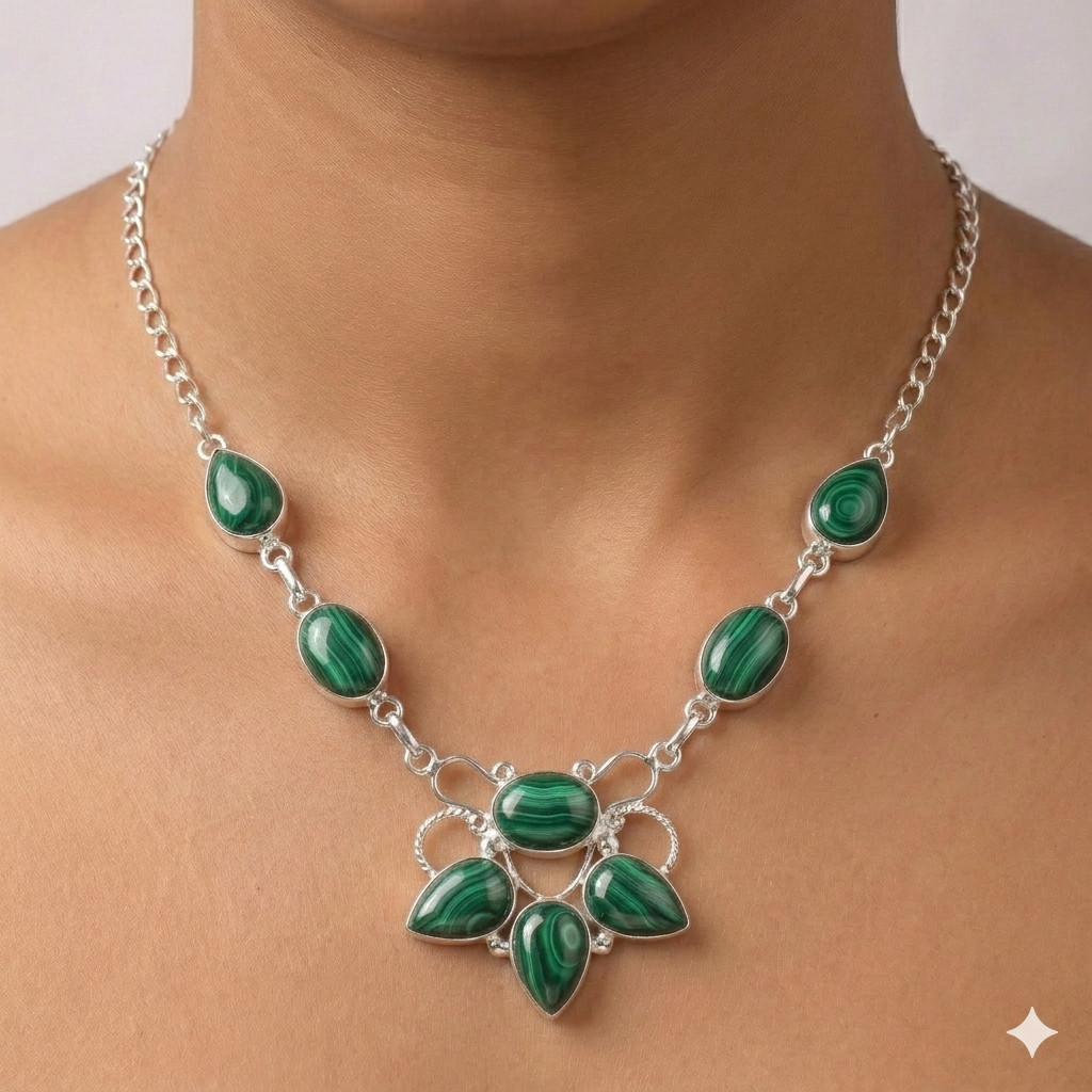Natural Malachite Necklace 925 Sterling Silver Women Gift Handmade Jewelry S-18