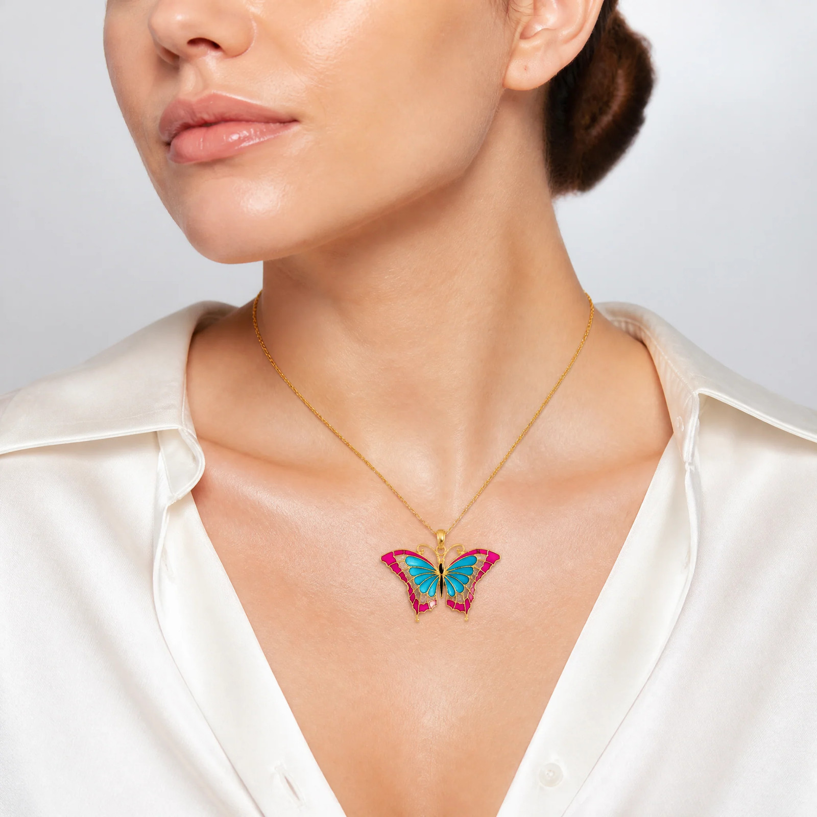 10K / 14K Yellow Gold Blue & Red Enameled Butterfly Pendant