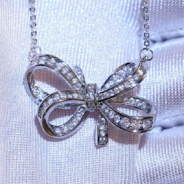 1.00Ct Round Cut Diamond Bow Knot Pendant 14K White Gold Finish 18″ Free Chain
