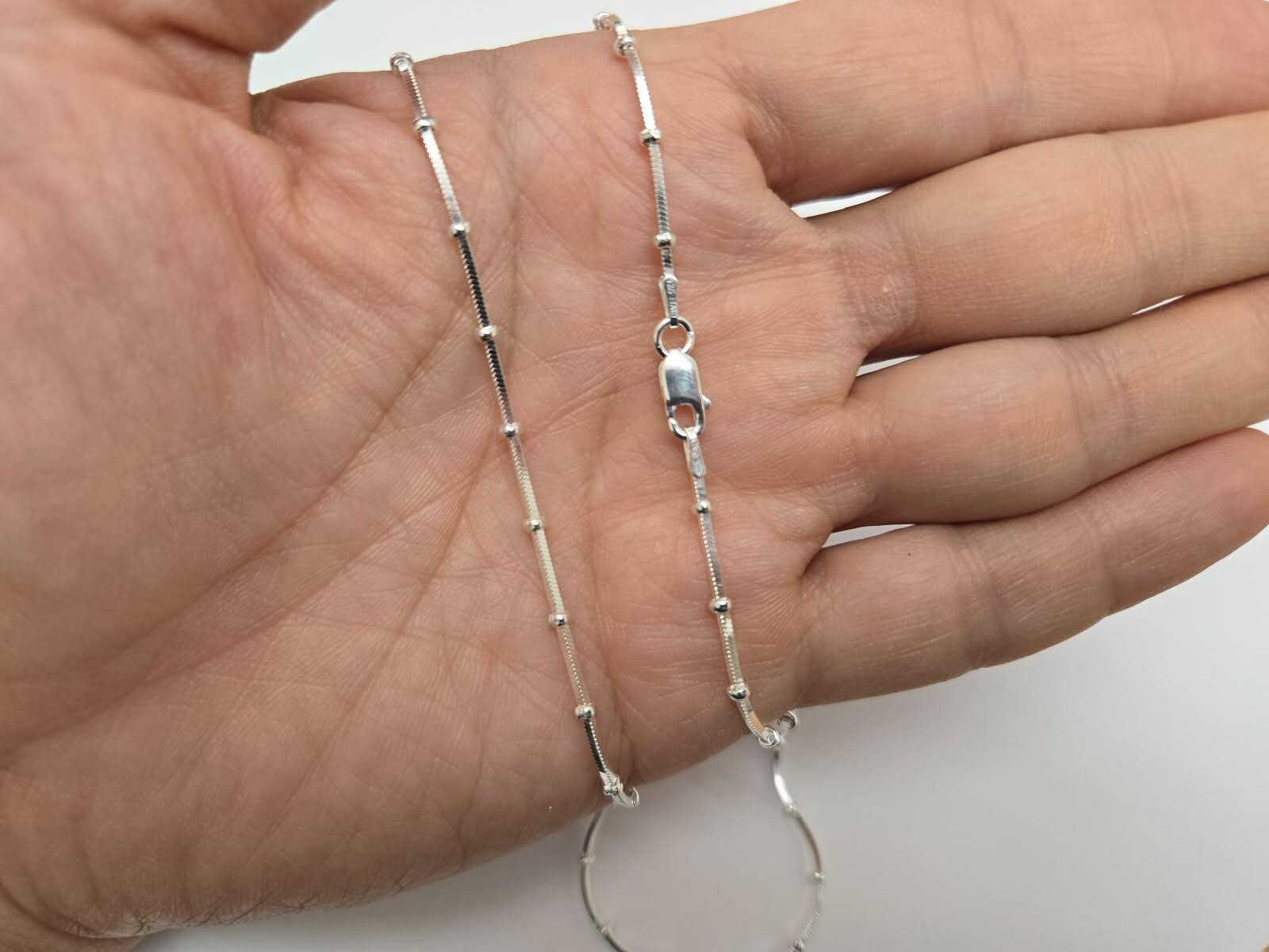 925 Sterling Silver Beaded Square Snake Station Chain Necklace 2mm 7″ to 20″