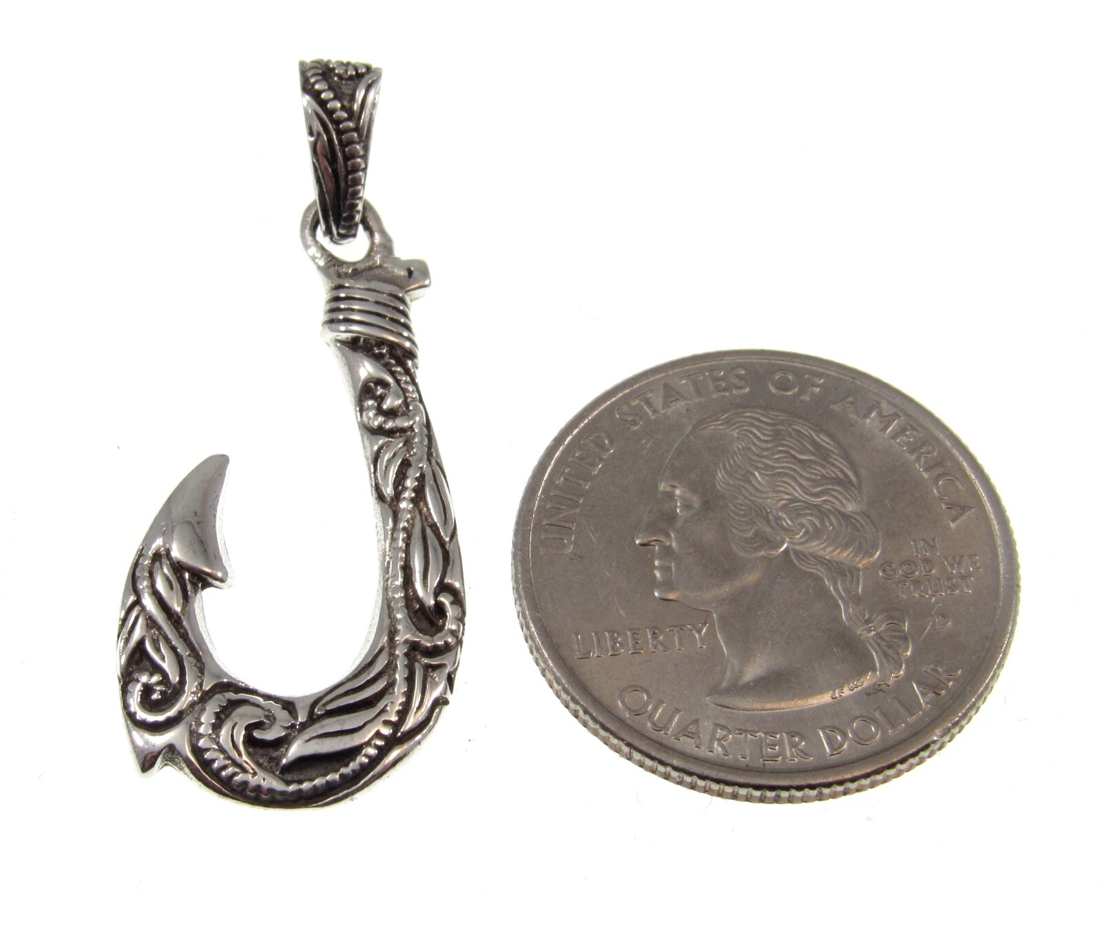 Solid 925 Sterling Silver Ornate Filigree Nautical J Hook Fish Hook Pendant