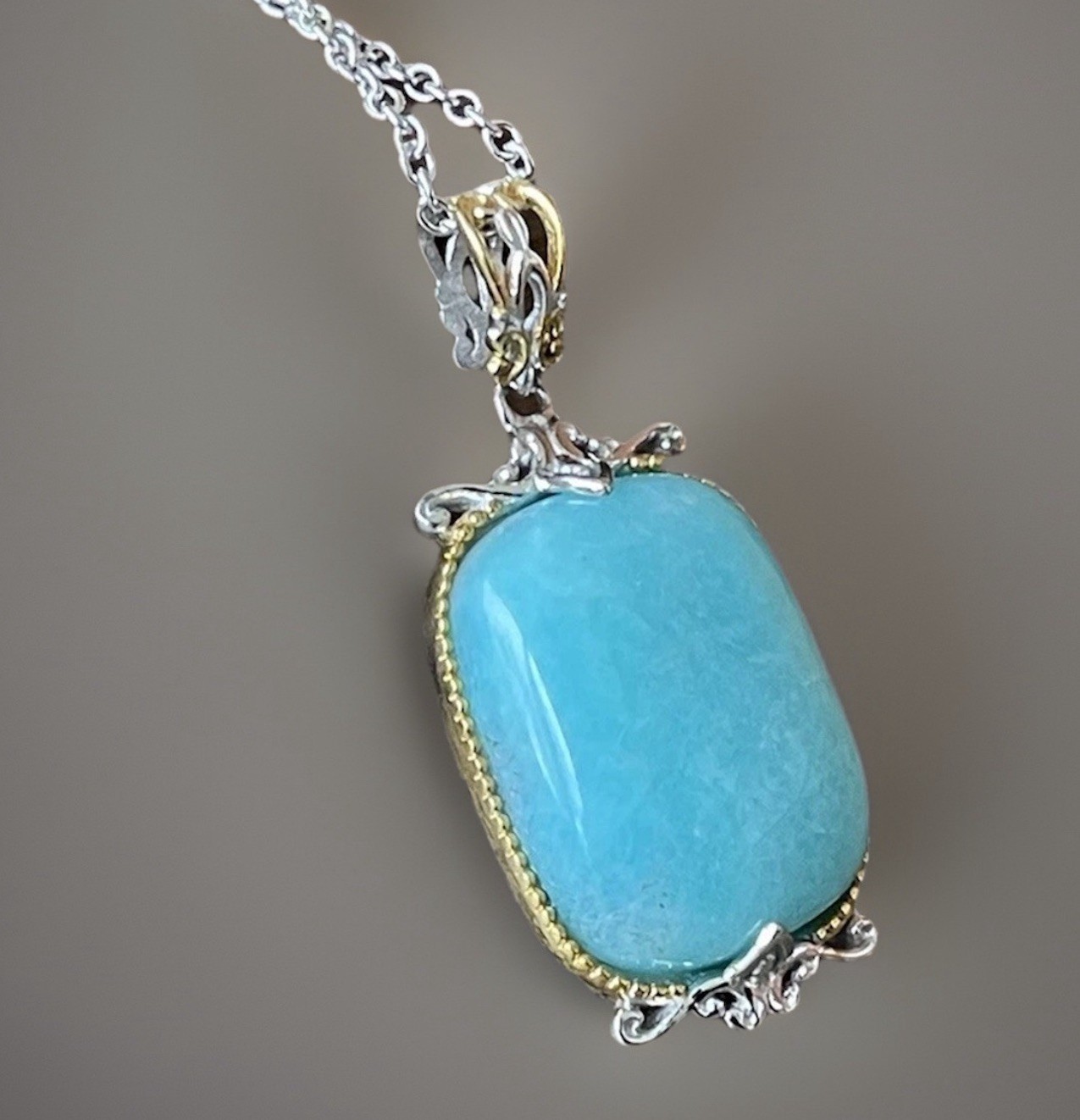 Peruvian Amazonite Cushion Cut Pendant W/Chain 925 Sterling Silver Jewelry