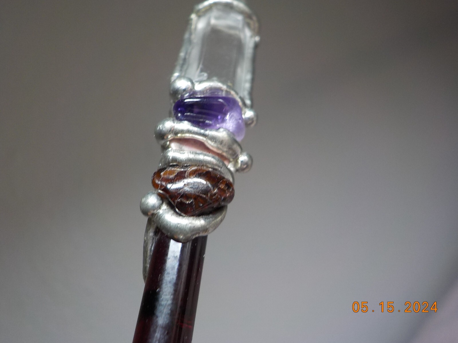 STERLING SILVER WRAPPED AMETHYST/QUARTZ CLEAR POINT/PINK QTZ HEALING WAND/STICK