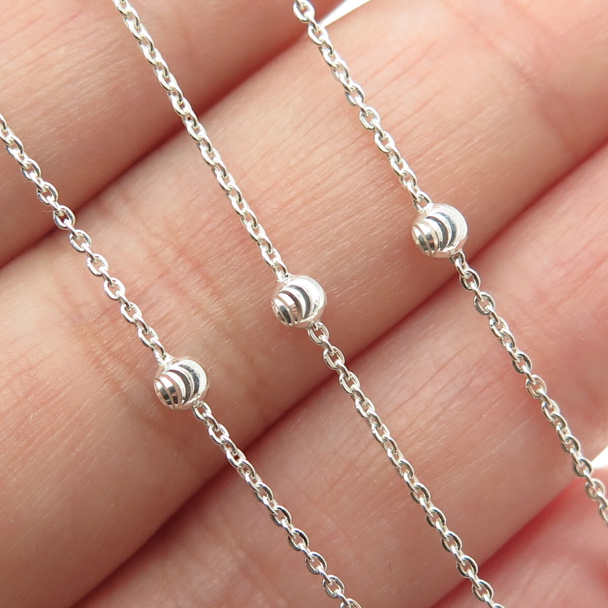 925 Sterling Silver Italy Diamond-Cut Ball Station Cable Chain Necklace 16″